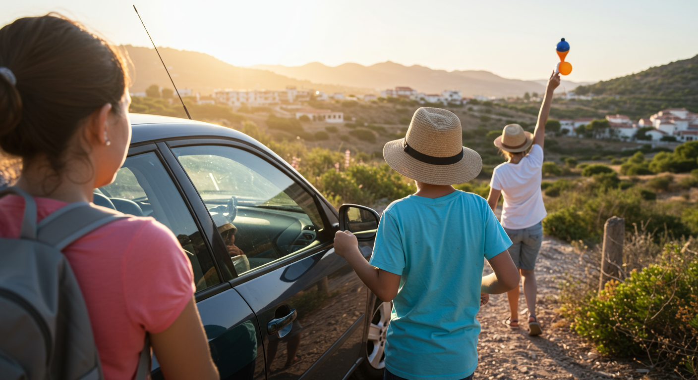 Família feliz em viagem de carro